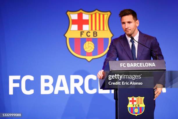 Lionel Messi of FC Barcelona faces the media during a press conference at Nou Camp on August 08, 2021 in Barcelona, Spain.