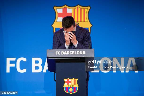 Lionel "Leo" Messi laments during his press conference to talk about his departure from FC Barcelona at Camp Nou stadium on August 08 in Barcelona,...