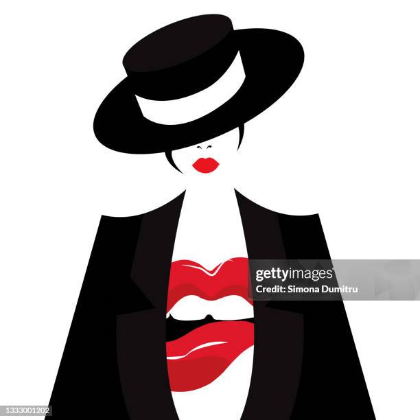 mysterious woman with funky t shirt and black suit and hat - moulin rouge imagens e fotografias de stock