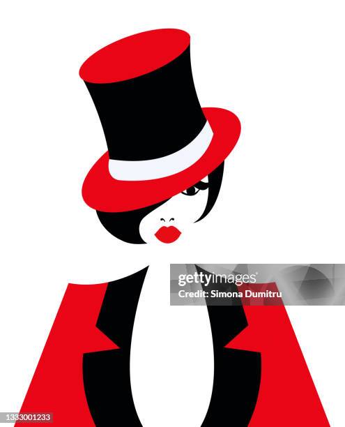 illustration of a cabaret girl with red ribbon and red hat - french cancan photos et images de collection