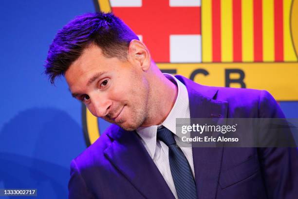 Lionel Messi of FC Barcelona faces the media during a press conference at Nou Camp on August 08, 2021 in Barcelona, Spain.