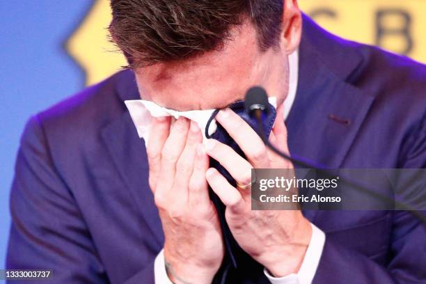 Lionel Messi of FC Barcelona faces the media during a press conference at Nou Camp on August 08, 2021 in Barcelona, Spain.