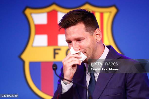 Lionel Messi of FC Barcelona faces the media during a press conference at Nou Camp on August 08, 2021 in Barcelona, Spain.