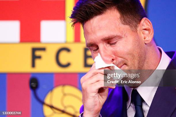 Lionel Messi of FC Barcelona faces the media during a press conference at Nou Camp on August 08, 2021 in Barcelona, Spain.