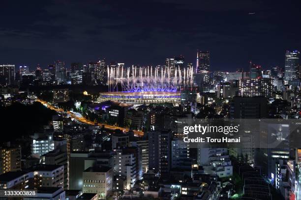 Fireworks are seen during the Closing Ceremony of the Tokyo 2020 Olympic Games at Olympic Stadium on August 08, 2021 in Tokyo, Japan.