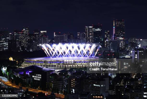 Fireworks are seen during the Closing Ceremony of the Tokyo 2020 Olympic Games at Olympic Stadium on August 08, 2021 in Tokyo, Japan.