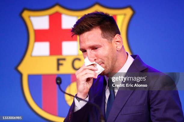 Lionel Messi of FC Barcelona faces the media during a press conference at Nou Camp on August 08, 2021 in Barcelona, Spain.