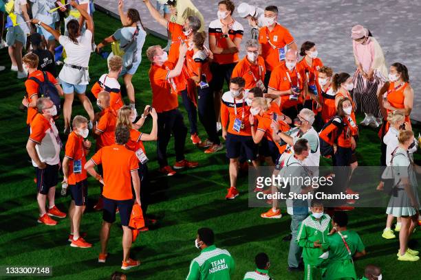 Athletes from Team Netherlands enjoy the Closing Ceremony of the Tokyo 2020 Olympic Games at Olympic Stadium on August 08, 2021 in Tokyo, Japan.