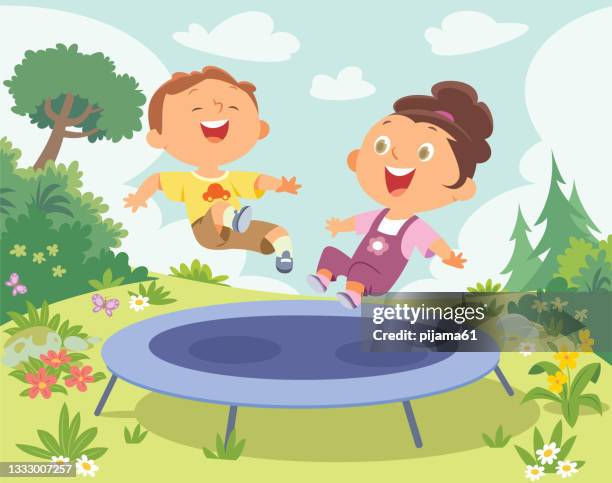 stockillustraties, clipart, cartoons en iconen met jumping kids-outdoor - kind veld spelen