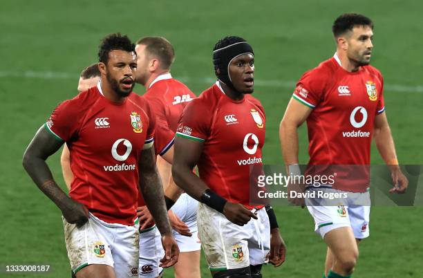 Courtney Lawes, Maro Itoje and Conor Murray of the British & Irish Lions look dejected during the 3rd test match between the South Africa Springboks...