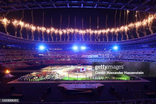 Fireworks erupt above the stadium during the Closing Ceremony of the Tokyo 2020 Olympic Games at Olympic Stadium on August 08, 2021 in Tokyo, Japan.