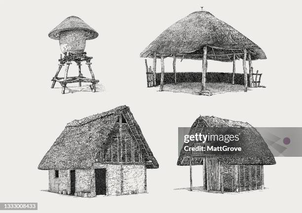 bildbanksillustrationer, clip art samt tecknat material och ikoner med african huts. mud houses. water tower straw grass - african village hut