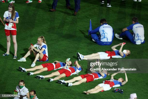 Members of Team ROC during the Closing Ceremony of the Tokyo 2020 Olympic Games at Olympic Stadium on August 08, 2021 in Tokyo, Japan.