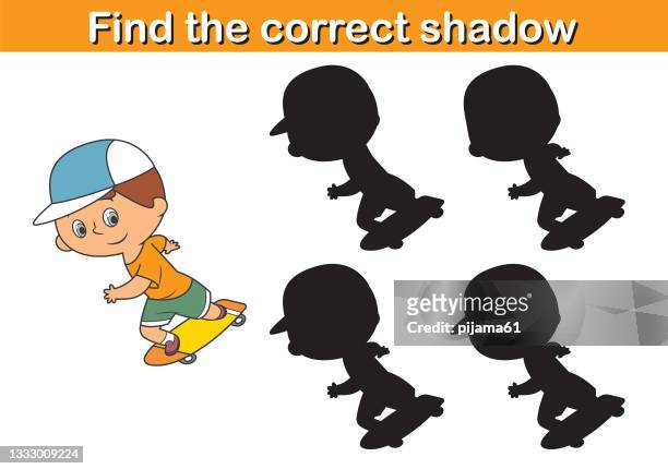 find the correct shadow game for children, boy with skateboard - discovery stock illustrations