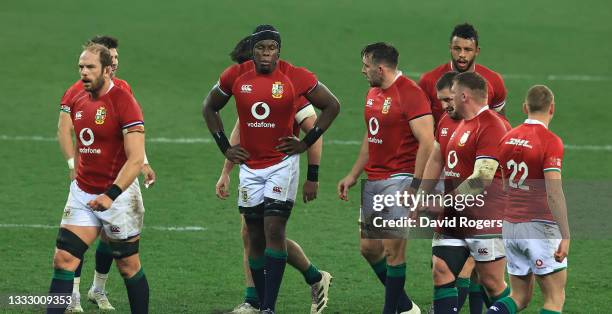 The British & Irish Lions look dejected after their defeat during the 3rd test match between the South Africa Springboks and the British & Irish...