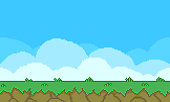simple flat pixel art illustration of cartoon outdoor landscape background. Pixel arcade screen for game design. Game design concept in retro style.
