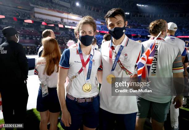 Pentathletes Kate French and Joseph Choong of Team Great Britain during the Closing Ceremony of the Tokyo 2020 Olympic Games at Olympic Stadium on...