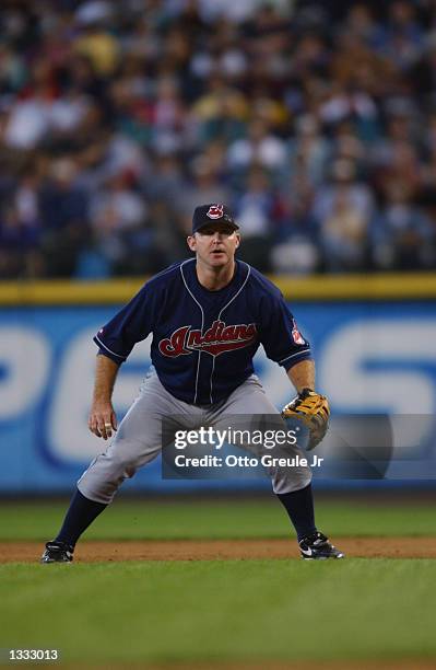 First baseman Jim Thome of the Cleveland Indians fields his position during the MLB game against the Seattle Mariners on August 4, 2002 at Safeco...