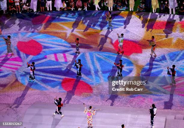 Entertainers perform during the Closing Ceremony of the Tokyo 2020 Olympic Games at Olympic Stadium on August 08, 2021 in Tokyo, Japan.