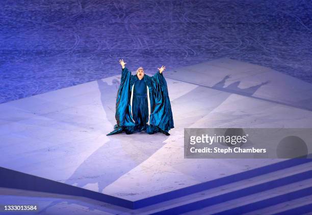 Male Soprano, Tomotaka Okamoto performs the Olympic Anthem during the Closing Ceremony of the Tokyo 2020 Olympic Games at Olympic Stadium on August...