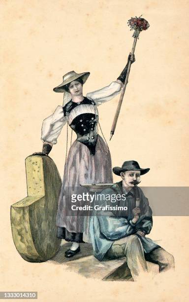 couple manufacturing emmental cheese 1896 - swiss cheese stock illustrations