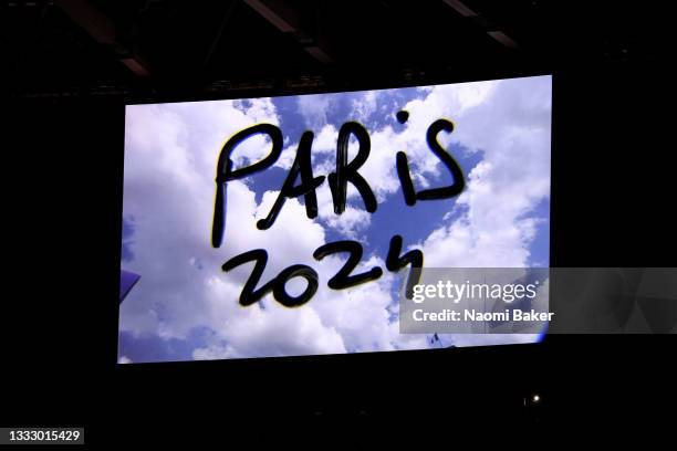 The presentation for Paris 2024 is seen during the Closing Ceremony of the Tokyo 2020 Olympic Games at Olympic Stadium on August 08, 2021 in Tokyo,...