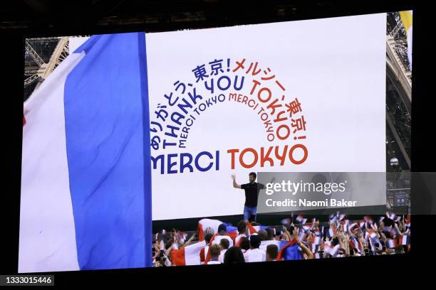 The presentation for Paris 2024 is seen during the Closing Ceremony of the Tokyo 2020 Olympic Games at Olympic Stadium on August 08, 2021 in Tokyo,...