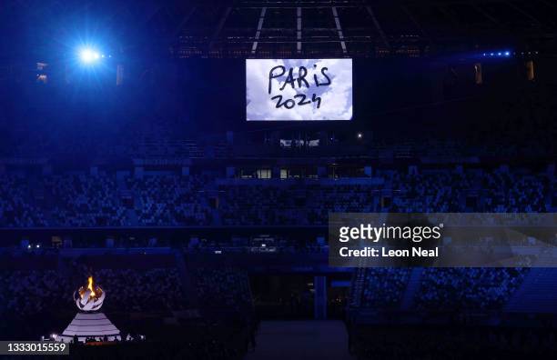 The presentation for Paris 2024 is seen during the Closing Ceremony of the Tokyo 2020 Olympic Games at Olympic Stadium on August 08, 2021 in Tokyo,...