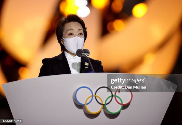 President of the Tokyo Organising Committee of the Olympic and Paralympic Games, Seiko Hashimoto speaks during the Closing Ceremony of the Tokyo 2020...