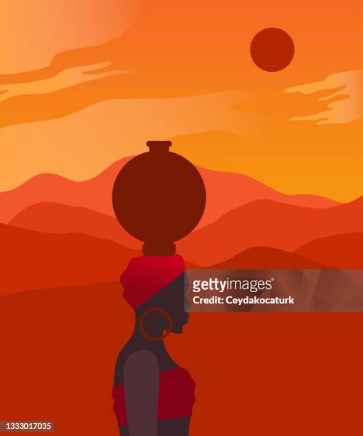 african woman carrying pottery on her head - orange bandana stock illustrations
