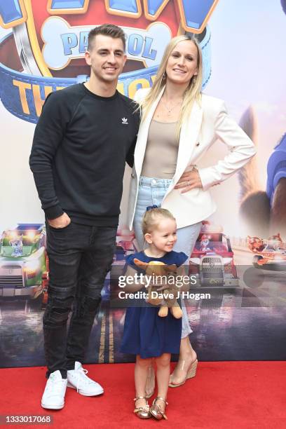 Max Whitlock, Leah Hickton and daughter Willow attend the "Paw Patrol" movie special screening at Vue Leicester Square on August 08, 2021 in London,...