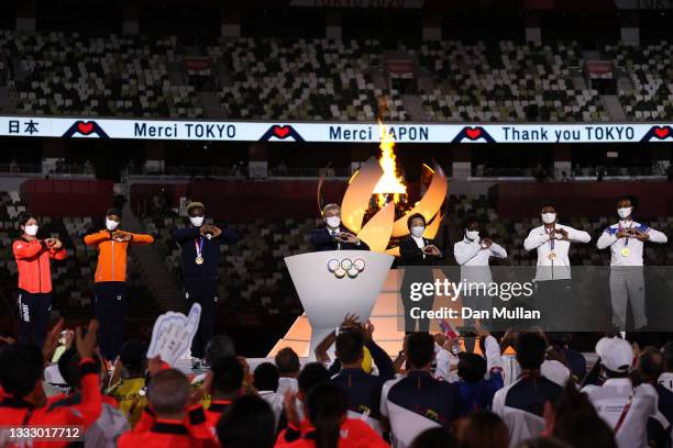 President of the International Olympic Committee, Thomas Bach speaks during the Closing Ceremony of the Tokyo 2020 Olympic Games at Olympic Stadium...