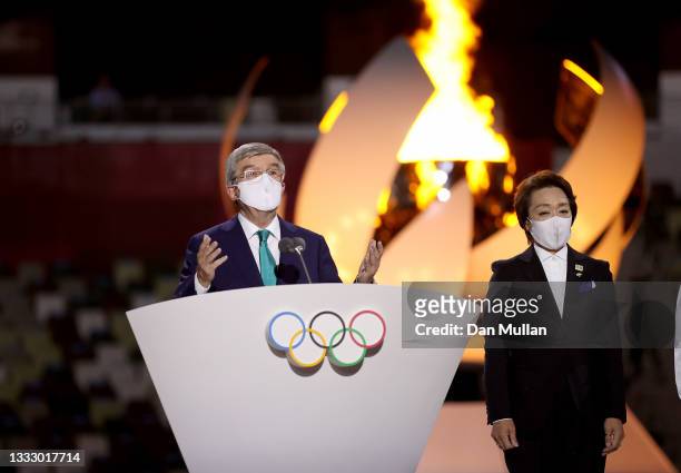 President of the International Olympic Committee, Thomas Bach speaks during the Closing Ceremony of the Tokyo 2020 Olympic Games at Olympic Stadium...