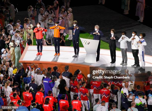 President of the International Olympic Committee, Thomas Bach speaks during the Closing Ceremony of the Tokyo 2020 Olympic Games at Olympic Stadium...