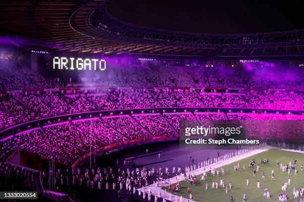 Thank You" message during the Closing Ceremony of the Tokyo 2020 Olympic Games at Olympic Stadium on August 08, 2021 in Tokyo, Japan.