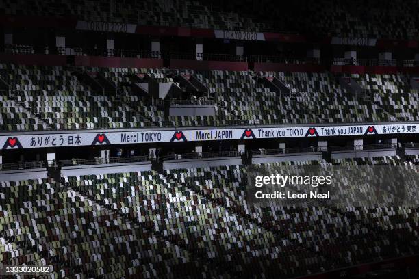Banner thanking Tokyo and Japan is displayed during the Closing Ceremony of the Tokyo 2020 Olympic Games at Olympic Stadium on August 08, 2021 in...