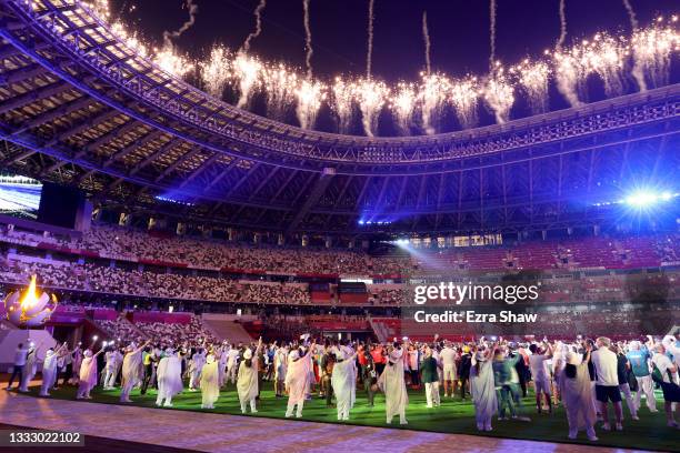 General view as fireworks are set off over the stadium during the Closing Ceremony of the Tokyo 2020 Olympic Games at Olympic Stadium on August 08,...