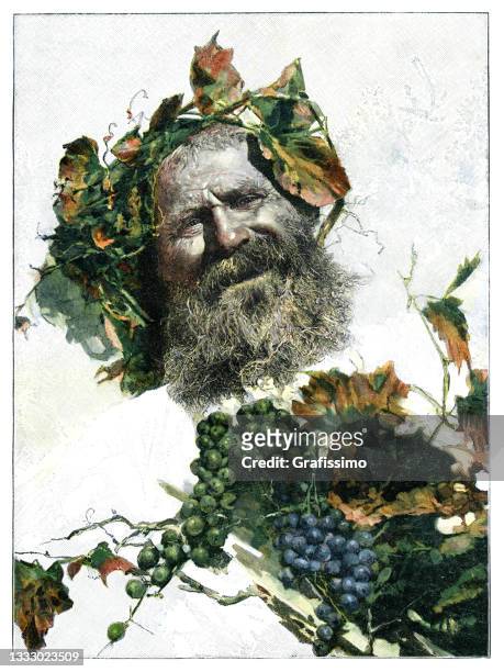 ilustraciones, imágenes clip art, dibujos animados e iconos de stock de dios griego dionysus en cosecha de la uva en el viñedo 1896 - vendimia