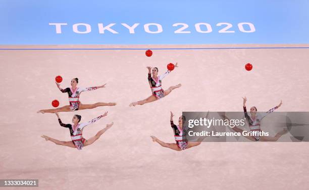 Team Italy competes during the Group All-Around Final on day sixteen of the Tokyo 2020 Olympic Games at Ariake Gymnastics Centre on August 08, 2021...