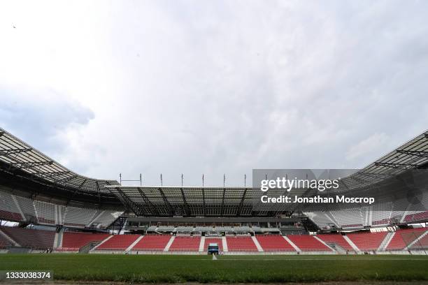 General view of the stadium at Worthersee Stadion on August 08, 2021 in Klagenfurt, Austria.