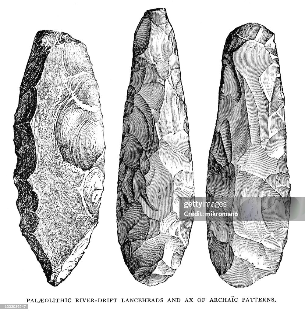 Archaic Pattern Old Engraved Illustration Of Paleolithic Stone Artifacts Riverdrift ...