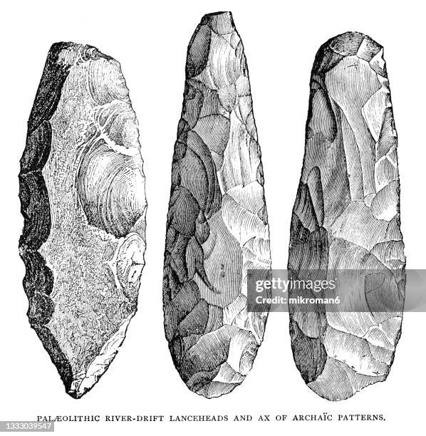 old engraved illustration of paleolithic stone artifacts river-drift lanceheads and ax archaic patterns - paleo imagens e fotografias de stock