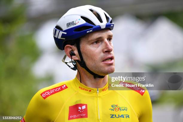 Ben Hermans of Belgium and Team Israel Start-Up Nation Yellow Leader Jersey celebrates at finish line as race winner during the 8th Arctic Race Of...