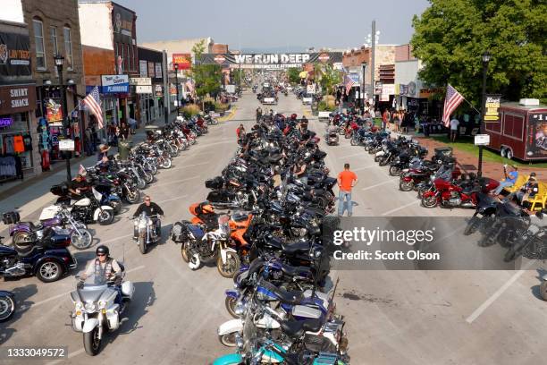 Motorcycle enthusiasts attend the 81st annual Sturgis Motorcycle Rally on August 08, 2021 in Sturgis, South Dakota. The rally is expected to draw...