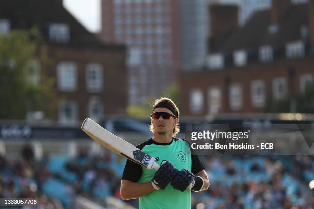 Tom Curran of Oval Invincibles warms up during The Hundred match between Oval Invincibles Men and Trent Rockets Men at The Kia Oval on August 08,...
