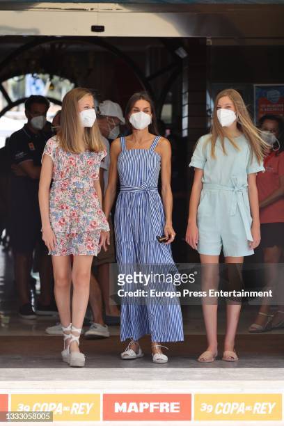 Queen Letizia and the infantas, Leonor and Sofia, leave the hall where the tribute to the medalist Joan Cardona was held on August 7, 2021 in...