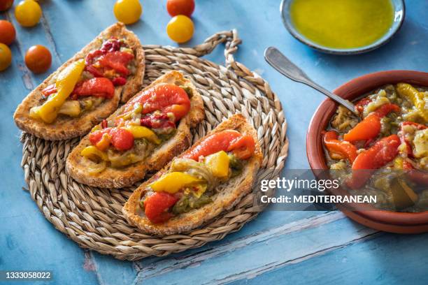 escalivada a mediterranean recipe with roasted vegetables and olive oil on a roasted bread slice - roasted pepper stock pictures, royalty-free photos & images