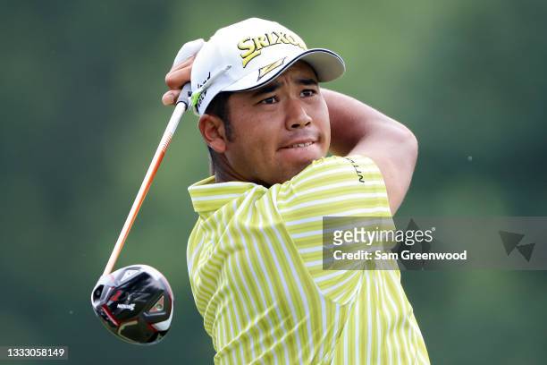 Hideki Matsuyama of Japan plays his shot from the third tee during the final round of the FedEx St. Jude Invitational at TPC Southwind on August 08,...