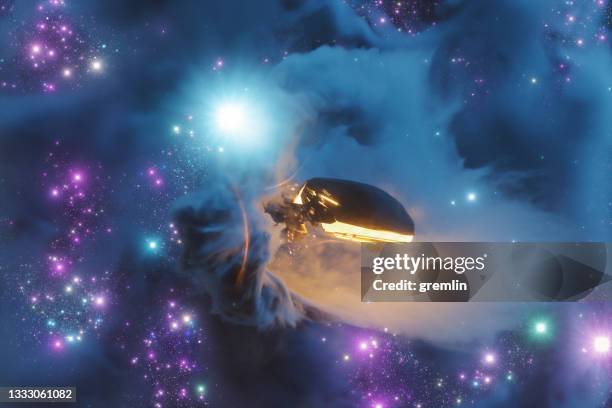 futuristic space ship coming out of wormhole tunnel - tidsmaskin bildbanksfoton och bilder