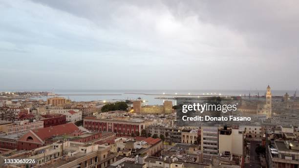 View from above of Bari Vecchia where you can see the Swabian Castle and the Basilica of San Nicola on August 05, 2021 in Bari, Italy.